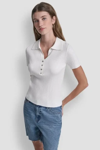 Ribbed Polo with Rhinestone Buttons