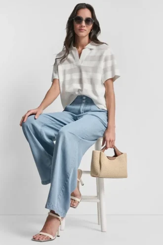 Sheer Striped Polo Sweater