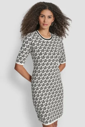 Short Sleeve Logo Intarsia Sweater Dress