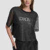 Short Sleeve Mesh Overlay Logo Knit Top
