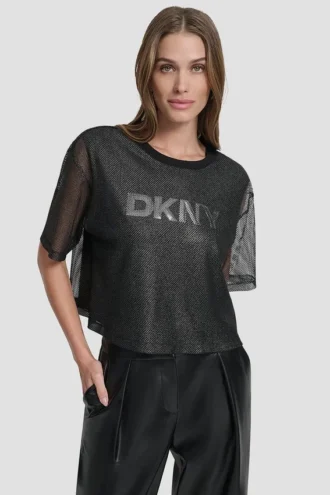 Short Sleeve Mesh Overlay Logo Knit Top