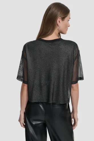 Short Sleeve Mesh Overlay Logo Knit Top