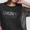 Short Sleeve Mesh Overlay Logo Knit Top