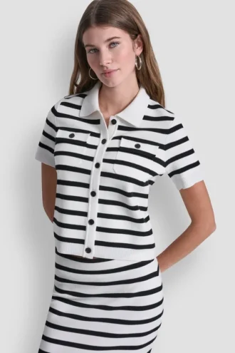 Short-Sleeve Striped Polo Cardigan