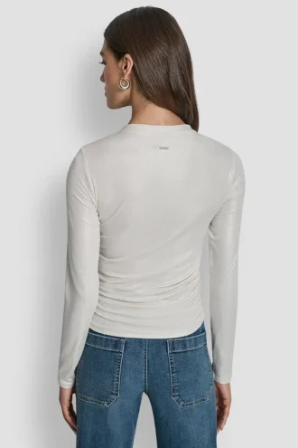 Side Ruched High Neck Long Sleeve Top