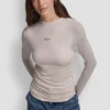 Side Ruched High Neck Long Sleeve Top with Rhinestone