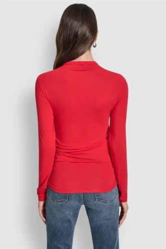 Side Ruched High Neck Long Sleeve Top with Rhinestone