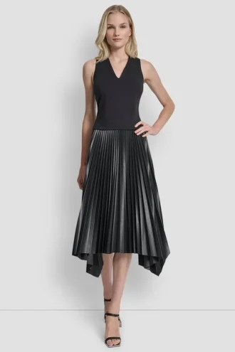 Sleeveless V Neck Top with Pleated Skirt