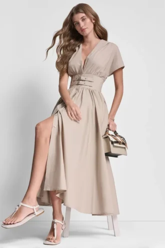 Smocked Midi Dress with Buckle