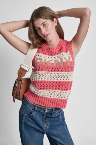 Striped Pointelle Stitch Sleeveless Sweater