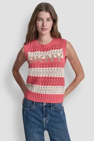 Striped Pointelle Stitch Sleeveless Sweater