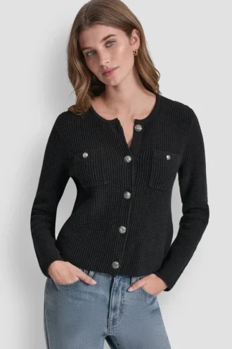 Tuck Stitch Crew Neck Cardigan