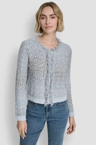 Zip Front Tweed Fringe Sweater Jacket